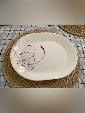 Corelle White Oval Platter with Red and Gray Swirl Accents